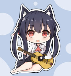 Rule 34 | 1girl, :d, animal ear fluff, animal ears, ascot, barefoot, black hair, black skirt, blue background, blush, breasts, cat ears, chibi, chisuzu mei, collared shirt, commentary request, fangs, full body, guitar, hair between eyes, hair ribbon, holding, holding instrument, instrument, long hair, long sleeves, looking at viewer, medium breasts, nagato-chan, open mouth, outline, paryi project, pleated skirt, red ascot, red eyes, red ribbon, ribbon, shirt, sidelocks, skirt, smile, solo, twintails, very long hair, virtual youtuber, white outline, white shirt