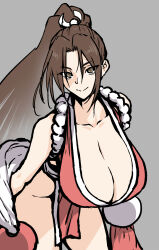 Rule 34 | 1girl, bare legs, bare shoulders, breasts, brown eyes, brown hair, cleavage, fatal fury, high ponytail, highres, huge breasts, leaning forward, long hair, ninja, revealing clothes, shiranui mai, solo