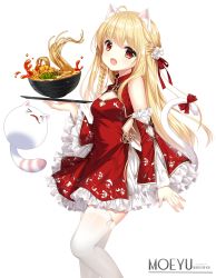 Rule 34 | 1girl, :d, animal, animal ear fluff, animal ears, bare shoulders, blonde hair, bow, bowl, breasts, cat, cat ears, cat girl, cat tail, chili pepper, china dress, chinese clothes, cleavage, cleavage cutout, clothing cutout, commentary request, copyright request, detached sleeves, dress, english text, feet out of frame, flower, food, frilled sleeves, frills, hair between eyes, hair flower, hair ornament, hair ribbon, highres, holding, holding tray, loading (verjuice), long hair, long sleeves, looking at viewer, noodles, open mouth, red bow, red dress, red eyes, red ribbon, red sleeves, ribbon, simple background, sleeveless, sleeveless dress, small breasts, smile, solo, standing, tail, tail bow, tail ornament, thighhighs, transparent background, tray, very long hair, watermark, web address, white background, white flower, white thighhighs, wide sleeves