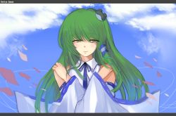 Rule 34 | 1girl, bad id, bad pixiv id, character name, cloud, day, detached sleeves, female focus, frog hair ornament, green eyes, green hair, hair ornament, hair tubes, kochiya sanae, letterboxed, long hair, matching hair/eyes, petals, sky, smile, solo, sound tamashi, touhou, wide sleeves