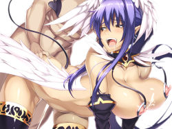 Rule 34 | 1boy, 1girl, all fours, angel, asa (xametaler), ass, bent over, blue hair, blush, breasts, brown eyes, cum, cum in pussy, demon girl, demon tail, doggystyle, earrings, fangs, hanging breasts, head wings, hetero, jewelry, lactation, large breasts, long hair, looking back, nipples, nude, open mouth, original, pointy ears, saliva, sex, sex from behind, shiny skin, solo focus, tail, thighhighs, thighs, wings
