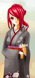 Rule 34 | 1girl, atlus, hair over one eye, japanese clothes, kimono, kirijou mitsuru, long hair, mizuno kakeru, persona, persona 3, red eyes, red hair, solo