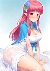 Rule 34 | 1girl, blush, breasts, cleavage, hair ornament, highres, kawase seiki, large breasts, looking at viewer, pointy ears, rain, rain (sao), red eyes, red hair, simple background, solo, sword art online, wet, wet clothes