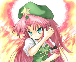 Rule 34 | 1girl, aqua eyes, braid, china dress, chinese clothes, cicin, dress, female focus, fighting stance, fire, green eyes, hat, hong meiling, long hair, pink hair, pyrokinesis, red hair, solo, touhou