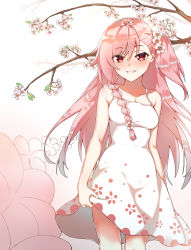 Rule 34 | 1girl, artist request, bad id, bad pixiv id, blush, braid, breasts, cherry blossoms, commentary request, dress, eyes visible through hair, flower, girls&#039; frontline, hair flower, hair ornament, medium breasts, negev (girls&#039; frontline), pink hair, red eyes, solo, sundress, white dress