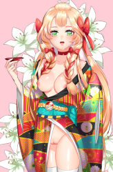 Rule 34 | 1girl, alcohol, alternate color, alternate hairstyle, areola slip, bad id, bad pixiv id, blonde hair, bow, braid, breasts, choker, collarbone, cowboy shot, creatures (company), cup, dripping, drunk, eyelashes, fingernails, floral background, floral print, flower, game freak, green eyes, hair bow, hair over breasts, hair ribbon, hands in opposite sleeves, holding, japanese clothes, kikumon, kimono, lillie (pokemon), lily (flower), lipstick, long hair, long sleeves, looking at viewer, loose clothes, makeup, medium breasts, naked kimono, name connection, nintendo, nipples, no panties, obi, off shoulder, one breast out, paki hanbiruu, pink background, poke ball print, pokemon, pokemon sm, print kimono, pussy, red bow, red ribbon, ribbon, ribbon braid, sakazuki, sake, sash, shiny skin, skindentation, solo, striped, thighhighs, twin braids, white flower, white thighhighs, wide sleeves