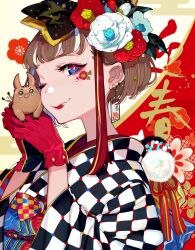 Rule 34 | 1girl, 2019, animal, black bow, blonde hair, blue eyes, boar, bow, brown hair, checkered clothes, checkered kimono, chinese zodiac, closed mouth, earrings, eyeshadow, facial tattoo, flower, flower tattoo, gloves, gold trim, hair bow, hair flower, hair ornament, hands up, highres, holding, holding animal, japanese clothes, jewelry, kimono, lipstick, long sleeves, looking at viewer, makeup, multicolored hair, obi, obijime, one eye closed, original, red eyes, red eyeshadow, red flower, red gloves, red hair, red kimono, red lips, sash, short hair, short hair with long locks, sidelocks, smile, solo, streaked hair, tattoo, two-tone eyes, upper body, white flower, white hair, white kimono, wide sleeves, year of the pig, yellow bow, yuu (higashi no penguin)