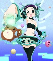 Rule 34 | 1girl, :&lt;, = =, alternate hair length, alternate hairstyle, aqua hair, armpits, bandeau, bear, black thighhighs, blush, breasts, choker, cleavage, cosplay, crossed legs, detached sleeves, digital dissolve, dissolving clothes, fingernails, flat chest, green eyes, green hair, hatsune miku, hatsune miku (cosplay), head-mounted display, highres, long fingernails, maebari, matching hair/eyes, midriff, nail, nail art, nail polish, navel, open mouth, outstretched arm, outstretched hand, personification, pink eyes, reaching, shade (character), short hair, short twintails, skirt, small breasts, solo, spiked hair, standing, strapless, tattoo, thigh gap, thighhighs, thighs, tube top, twintails, vocaloid, wadapen, zettai ryouiki