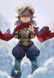 Rule 34 | 1girl, android, belt, beret, blue hair, cape, closed mouth, crossed arms, flower, hat, hungry clicker, joints, looking at viewer, low twintails, orange eyes, outdoors, poppi (xenoblade), poppi alpha (xenoblade), puffy shorts, purple hair, red cape, red ribbon, ribbon, robot, robot ears, robot joints, short hair, shorts, simple background, smoke, solo, standing, twintails, white flower, white hat, xenoblade chronicles (series), xenoblade chronicles 2