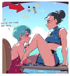 Rule 34 | 2boys, 2girls, aqua hair, black eyes, black hair, blue eyes, blue hair, blush, breasts, bulma, cheating (relationship), chi-chi (dragon ball), chinese clothes, dragon ball, dragon ball super, dragonball z, english text, fighting, flirting, high heels, highres, long hair, looking at another, medium breasts, multiple boys, multiple girls, muscular, muscular female, muscular male, open mouth, puffphox, shirt, short hair, sitting, sitting on table, smile, son goku, spiked hair, spread legs, toned, topless male, vegeta, yuri