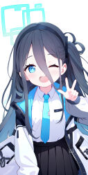 Rule 34 | 1girl, absurdres, aris (blue archive), black hair, black hairband, black skirt, blue archive, blue eyes, blue necktie, blush, bright pupils, collared shirt, commentary request, dated, green halo, hairband, halo, highres, id card, jacket, long hair, long sleeves, necktie, one eye closed, one side up, open clothes, open jacket, open mouth, pleated skirt, ringed eyes, shirt, signature, simple background, skirt, smile, solo, two-sided fabric, two-sided jacket, v, white background, white pupils, white shirt, zcx