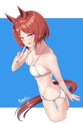 Rule 34 | 1girl, a.nori, absurdres, alternate costume, animal ears, artist name, bikini, blue background, blush, breasts, brown hair, cleavage, commentary request, cowboy shot, ear ornament, flower-shaped pupils, from side, hair ornament, highres, horse ears, horse girl, horse tail, looking at viewer, medium breasts, navel, open mouth, parted bangs, pink eyes, pointing, pointing at self, sakura laurel (umamusume), short hair, side-tie bikini bottom, simple background, smile, solo, swimsuit, symbol-shaped pupils, tail, two-tone background, umamusume, white background, white bikini