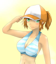 Rule 34 | 1girl, bare shoulders, baseball cap, bikini, breasts, brown hair, cleavage, green eyes, hat, large breasts, leia rolando, looking at viewer, navel, short hair, smile, solo, swimsuit, tales of (series), tales of xillia