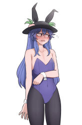 Rule 34 | 1girl, animal ears, bare shoulders, blue hair, blue leotard, blush, collarbone, commentary, cowboy shot, flat chest, food, fruit, hat, highres, hinanawi tenshi, leotard, long hair, looking to the side, mata (matasoup), navel, open mouth, pantyhose, peach, playboy bunny, rabbit ears, red hair, sexually suggestive, simple background, solo, sweatdrop, touhou, white background, wrist cuffs