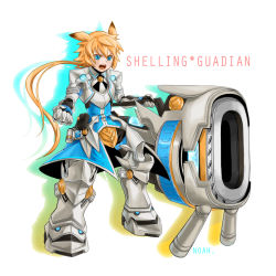 Rule 34 | 1boy, :o, aqua eyes, armor, bad id, bad pixiv id, blonde hair, chung seiker, elsword, full armor, full body, gauntlets, gloves, greaves, hair flaps, huge weapon, long hair, male focus, noah (chesed788), open mouth, shelling guardian (elsword), solo, weapon, white background