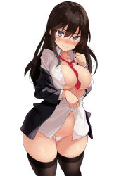 Rule 34 | 1girl, between breasts, bikini, bikini under clothes, black hair, black jacket, black thighhighs, blazer, blouse, blush, breasts, commentary request, cowboy shot, grey eyes, jacket, kekemotsu, large breasts, long hair, long sleeves, looking at viewer, micro bikini, navel, necktie, necktie between breasts, open clothes, open shirt, original, red necktie, school uniform, shirt, skindentation, solo, standing, swimsuit, thighhighs, thighs, unbuttoned, wavy mouth, white background, white bikini