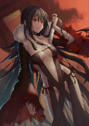 Rule 34 | 1girl, arm at side, arm up, black hair, black jacket, blurry, blurry background, breasts, breasts apart, buckle, center opening, collar, collarbone, commentary request, yu mei-ren (fate), contrapposto, cropped jacket, depth of field, dutch angle, estcc, fate/grand order, fate (series), fur-trimmed jacket, fur trim, groin, hand in own hair, head tilt, highres, jacket, long hair, long sleeves, looking at viewer, medium breasts, navel, open clothes, open jacket, outdoors, parted lips, rain, red eyes, revealing clothes, smile, solo, stomach, very long hair, wide sleeves