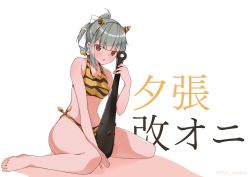 Rule 34 | 1girl, absurdres, alternate costume, animal print, barefoot, bikini, bow, breasts, brown eyes, club, club (weapon), commentary request, green hair, hair bow, highres, horns, kanabou, kantai collection, looking at viewer, medium breasts, oni horns, ponytail, pun, side-tie bikini bottom, sitting, solo, spiked club, swimsuit, tiger print, uut, weapon, yuubari (kancolle)