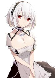 Rule 34 | 1girl, anchor, azur lane, breasts, choker, cleavage, gotyou, hair between eyes, hairband, highres, lace-trimmed hairband, lace trim, large breasts, looking at viewer, maid, open mouth, puffy sleeves, red eyes, ribbon, short hair, short sleeves, sidelocks, simple background, sirius (azur lane), solo, standing, white background, white hair