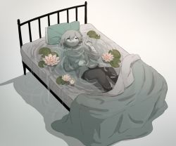 Rule 34 | 1boy, avogado6, bed, bed frame, black pants, collared shirt, colored skin, commentary request, closed eyes, flower, grey hair, lily (flower), lily pad, long sleeves, lying, male focus, on back, on bed, original, pants, pillow, shirt, solo, underwater, white shirt, white skin, wing collar