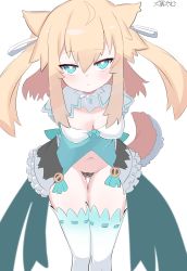Rule 34 | :&lt;, animal ears, blonde hair, blue dress, blue eyes, blush, breasts, closed mouth, dress, gluteal fold, head tilt, highres, inukaze yamu, leaning forward, looking at viewer, maebari, multicolored thighhighs, navel, original, simple background, small breasts, solo, tail, thighhighs, twintails, white background, white thighhighs