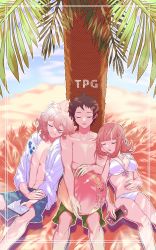 Rule 34 | 1girl, 2boys, bad id, bad twitter id, ball, bare shoulders, beach, beachball, bikini, blue male swimwear, blunt bangs, breasts, brown hair, cleavage, closed eyes, collarbone, commentary request, danganronpa (series), danganronpa 2: goodbye despair, danganronpa s: ultimate summer camp, day, emimimi (ronpapa 0128), flipped hair, front-tie top, green male swimwear, grey hair, hair ornament, handheld game console, highres, hinata hajime, holding, holding handheld game console, hood, hood down, jacket, jewelry, komaeda nagito, leaning on person, male swimwear, medium breasts, messy hair, monomi (danganronpa), multiple boys, nanami chiaki, navel, necklace, nintendo switch, open clothes, open jacket, outdoors, palm tree, pink hair, shirt, sitting, sleeping, smile, spaceship hair ornament, stomach, swim trunks, swimsuit, tree, water, white bikini, white jacket