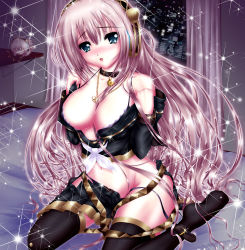 Rule 34 | 1girl, bed, blue eyes, blush, breasts, cleavage, collar, highres, large breasts, long hair, megurine luka, nohoho (kakikonchi), pink hair, sitting, solo, sparkle, tears, thighhighs, undressing, very long hair, vocaloid, wariza