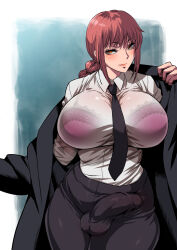 Rule 34 | 1futa, alternate breast size, blush, bra, braid, breasts, brown eyes, bulge, chainsaw man, coat, covered penis, covered testicles, erection, erection under clothes, formal, futanari, highres, huge breasts, large breasts, large penis, long hair, looking at viewer, makima (chainsaw man), musashino sekai, necktie, penis, purple bra, red hair, see-through, smile, solo, suit, testicles, underwear