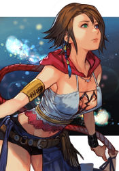 Rule 34 | 1girl, armband, bare shoulders, blue eyes, border, breasts, brown hair, cleavage, final fantasy, final fantasy x, final fantasy x-2, green eyes, gun, hair ornament, heterochromia, hood, hoodie, hungry clicker, large breasts, looking up, midriff, navel, short hair, short shorts, shorts, sideboob, simple background, solo, square enix, weapon, white border, yuna (ff10)
