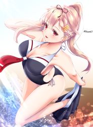 Rule 34 | 1girl, alternate costume, alternate hairstyle, beach, black ribbon, black one-piece swimsuit, blonde hair, blush, braid, breasts, cleavage, clothes pull, from above, hachiware (8ware63), hair flaps, hair ribbon, highres, kantai collection, light particles, long hair, looking at viewer, looking up, medium breasts, one-piece swimsuit, open mouth, ponytail, red eyes, ribbon, sand, shadow, skirt, skirt around one leg, skirt pull, solo, standing, standing on one leg, straight hair, swimsuit, twitter username, very long hair, water, yuudachi (kancolle)