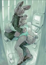 2girls blue_eyes body_fur coat computer computer_mouse crt denchou furry furry_female green_coat grey_hair hand_on_another&#039;s_head highres legs lying lying_on_lap macintosh_128k multiple_girls open_mouth original pawpads sitting tail