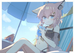 Rule 34 | 1girl, animal ears, arknights, bare shoulders, beach umbrella, bikini, black bikini, blue eyes, blue sky, blush, brown hair, chair, closed mouth, cloud, collarbone, day, fox ears, fox girl, fox tail, hair between eyes, highres, knees up, looking at viewer, lounge chair, navel, on chair, outdoors, ryoku sui, see-through clothes, sitting, sky, smile, solo, stereo, sussurro (arknights), sussurro (summer flower) (arknights), swimsuit, tail, umbrella