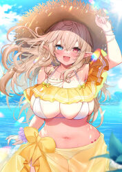 Rule 34 | 1girl, arm up, bikini, blonde hair, blush, bow, bracelet, breasts, cleavage, commentary request, elf, happy, heterochromia, highres, jewelry, large breasts, long hair, looking at viewer, ocean, open mouth, original, outdoors, pointy ears, sarong, sidelocks, sky, smile, summer, swimsuit, wet, white bikini, yellow bow