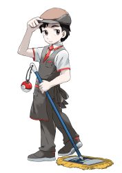 Rule 34 | 1boy, apron, black hair, brown eyes, brown hat, case-k, closed mouth, collared shirt, commentary request, creatures (company), full body, game freak, grey footwear, grey pants, grey vest, hand on headwear, hat, highres, holding, holding mop, looking back, male focus, mop, nintendo, original, pants, poke ball, pokemon, shirt, shoes, short hair, short sleeves, simple background, solo, standing, vest, waist apron, white background, white shirt