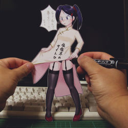 Rule 34 | 1girl, angry, black eyes, black hair, black panties, black thighhighs, blush, china dress, chinese clothes, clothes lift, dress, dress lift, embarrassed, garter belt, garter straps, high heels, high ponytail, indoors, male hand, marker, mechanical keyboard, mini person, minigirl, panties, paper child, papercraft (medium), photo (medium), ponytail, red footwear, sasaki yukinojou, shoes, size difference, solo focus, speech bubble, standing, thighhighs, topre, translated, unconventional media, underwear