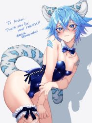 Rule 34 | !, !!, 1boy, ahoge, animal ears, archon eclipse, artist name, bare shoulders, bent over, blue eyes, blue hair, blush, bow, bowtie, bulge, commission, cowboy shot, detached collar, fishnet thighhighs, fishnets, hair between eyes, highres, indie virtual youtuber, leopard boy, leopard ears, leopard tail, leotard, looking at viewer, male focus, omiyacha, single thighhigh, skeb commission, sleeveless, solo, strapless, strapless leotard, sweat, tail, thighhighs, trap, twitter username, virtual youtuber, watermark