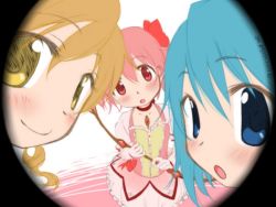 Rule 34 | 3girls, :o, blonde hair, blue eyes, blue hair, blush, bow, bubble skirt, chest jewel, choker, close-up, closed mouth, gloves, hair bow, head tilt, holding, kaname madoka, looking at viewer, mahou shoujo madoka magica, mahou shoujo madoka magica (anime), miki sayaka, multiple girls, parted lips, pink vest, puffy short sleeves, puffy sleeves, red bow, red choker, red eyes, shirokuro-kun, short sleeves, skirt, smile, standing, tomoe mami, twintails, twitter username, vest, white gloves, white skirt, yellow eyes