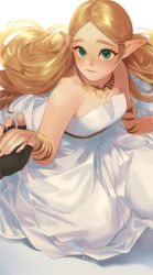 Rule 34 | 1girl, bare shoulders, blonde hair, blush, bracelet, breasts, brown gloves, closed mouth, dress, fingerless gloves, from above, gloves, highres, holding hands, ivy (sena0119), jewelry, long hair, looking at viewer, medium breasts, nintendo, official alternate costume, parted bangs, pointy ears, princess zelda, simple background, sleeveless, sleeveless dress, solo focus, strapless, sweat, the legend of zelda, the legend of zelda: breath of the wild, twitter username, white background, white dress