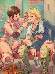 Rule 34 | 2girls, bandage on face, bandages, bandaid, bandaid on face, bandaid on nose, black hair, blonde hair, boots, bottle, breasts, bruise, capcom, cleavage, covered navel, cross-laced footwear, dirty, hair down, injury, knee boots, knee pads, lace-up boots, leotard, long hair, looking at another, multiple girls, open mouth, rainbow mika, short hair, sitting, street fighter, toko (tokkotoritori), towel, towel around neck, water bottle, wrestling outfit, wristband, yamato nadeshiko (street fighter)