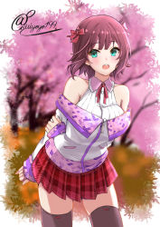 Rule 34 | 1girl, :o, alternate costume, amami haruka, armpits, arms behind back, black thighhighs, blunt bangs, blurry, blush, breasts, cherry blossoms, cowboy shot, depth of field, green eyes, highres, holding own arm, idolmaster, idolmaster (classic), idolmaster million live!, idolmaster million live! theater days, kouno (uiyoyo199), leaf, leaf background, looking away, medium breasts, neck ribbon, off-shoulder jacket, off shoulder, outdoors, outside border, plaid, plaid skirt, pleated skirt, ribbon, ribbon trim, round teeth, shirt, skirt, sleeveless, sleeveless shirt, sleeves past wrists, solo, striped clothes, striped shirt, teeth, thighhighs, twitter username, zettai ryouiki