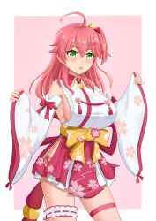 Rule 34 | 1girl, ahoge, breasts, bridal garter, cherry blossom print, chestnut mouth, detached sleeves, floral print, green eyes, hair between eyes, hair ornament, hair over shoulder, hairclip, highres, hololive, large breasts, one side up, open mouth, peterchuu, pink background, pink hair, sakura miko, sakura miko (1st costume), sideboob, simple background, solo, virtual youtuber