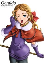 Rule 34 | 1girl, blonde hair, blue eyes, bow, cloak, dress, earrings, gloves, jelanda, jewelry, long hair, looking at viewer, one eye closed, open mouth, pantyhose, rakusai (saisai garou), simple background, solo, staff, tearing up, valkyrie profile (series), white background