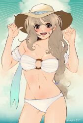 Rule 34 | 1girl, arc the lad, arc the lad ii, braid, breasts, brown eyes, brown hair, hat, highres, lieza (arc the lad), long hair, looking at viewer, low-tied long hair, marusa (marugorikun), medium breasts, navel, o-ring, o-ring top, open mouth, single braid, smile, solo, swimsuit, very long hair