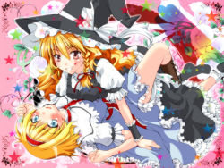Rule 34 | 2girls, alice margatroid, blonde hair, blush, boots, capelet, dress, female focus, flower, grin, hairband, hat, highres, kirisame marisa, multiple girls, smile, star (symbol), tohko1379, touhou, witch, witch hat