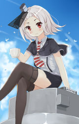 Rule 34 | 1girl, bird, black capelet, black skirt, blue sky, blush, book, bubble, buttons, capelet, closed mouth, cloud, crossed legs, cup, darcy (11949485), day, eyes visible through hair, from below, grey thighhighs, hair ornament, highres, holding, holding cup, looking at viewer, necktie, red eyes, shirt, short hair, silver hair, sitting, sitting on object, skirt, sky, smile, solo, striped necktie, striped neckwear, suspender skirt, suspenders, thighhighs, vittorio veneto (warship girls r), warship girls r, white shirt, wind