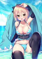 Rule 34 | 1girl, ahoge, arm guards, arm up, armpits, ayuma sayu, bikini, black bow, black thighhighs, blonde hair, blush, bow, breasts, cleavage, cloud, collarbone, day, fate/grand order, fate (series), hair bow, haori, japanese clothes, large breasts, legs folded, looking at viewer, obi, ocean, okita souji (fate), okita souji (koha-ace), open mouth, sash, short hair, sitting, sky, solo, swimsuit, thighhighs, wet, yellow eyes