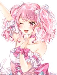 Rule 34 | 1girl, ;d, arm up, bad id, bad pixiv id, bang dream!, blush, bow, bowtie, choker, detached sleeves, hair ribbon, hand on own chin, ito22oji, looking at viewer, maruyama aya, nail polish, one eye closed, open mouth, pink bow, pink bowtie, pink choker, pink eyes, pink hair, pink nails, ribbon, simple background, smile, solo, twintails, upper body, v, white background, white ribbon, wrist bow