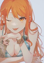 Rule 34 | 1girl, bikini, bikini top only, bracelet, breasts, close-up, commentary, earrings, english commentary, hand on own chin, highres, holding, holding money, jewelry, log pose, long hair, machida 0906, medium breasts, money, nami (one piece), one eye closed, one piece, orange eyes, orange hair, simple background, solo, swimsuit, tongue, tongue out, white background