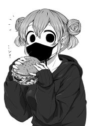 Rule 34 | 1girl, 4shi, burger, commentary request, dango-chan (4shi), double bun, food, greyscale, hair between eyes, hair bun, highres, holding, holding food, hollow eyes, jacket, long sleeves, looking at viewer, mask, monochrome, mouth mask, notice lines, open mouth, original, short hair, simple background, sleeves past wrists, solo, translated, upper body, white background