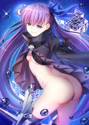 Rule 34 | 10s, 1girl, armor, armored boots, ass, black thighhighs, blue eyes, blue ribbon, blush, boots, breasts, bubble, butt crack, crotch plate, dimples of venus, fate/extra, fate/extra ccc, fate (series), from side, glint, hair between eyes, hair ribbon, iro ame (amewaagada), juliet sleeves, leg up, long hair, long sleeves, looking at viewer, looking to the side, meltryllis (fate), no pants, parted lips, puffy sleeves, purple hair, raised eyebrows, revealing clothes, ribbon, small breasts, solo, sparkle, spikes, standing, standing on one leg, thigh boots, thighhighs, thighhighs under boots, thighs, underboob, very long hair, wide sleeves